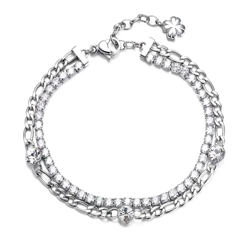 Stainless Steel Double Bracelet with Crystal Line & Stations