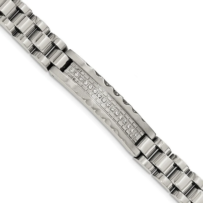 Men's Brushed and Polished Stainless Steel CZ Link Bracelet 8.5"