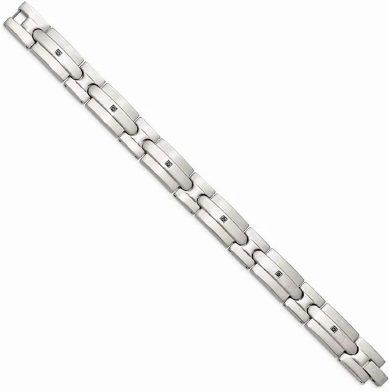 Men's Brushed Stainless Steel 12mm Black CZ Bracelet, 8.25 Inches