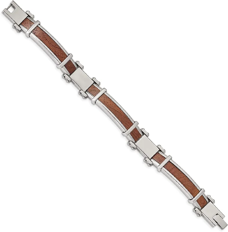 Men's Stainless Steel 10.9mm Inlay Wood Bracelet, 8.25 Inches