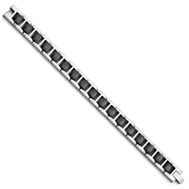 Men's Polished Stainless Steel 10mm Black Ceramic Bracelet, 8"