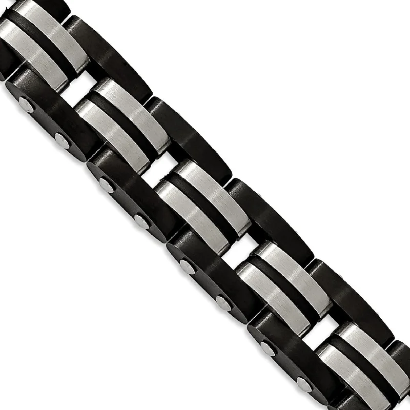 Men's Polished Stainless Steel 12.4mm Brushed Black IP-Plated with Black Rubber Bracelet, 8.25"