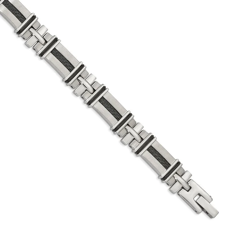 Men's Polished Stainless Steel 8mm Black Rubber and Black-Plated Bracelet, 8.25"