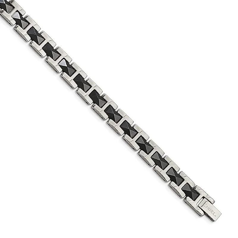 Men's Polished Stainless Steel 9mm Black Ceramic Bracelet, 8.5"