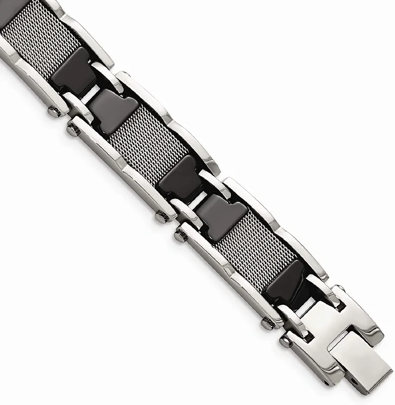 Men's Stainless Steel and Ceramic Black Mesh Link Bracelet, 8.25 Inches