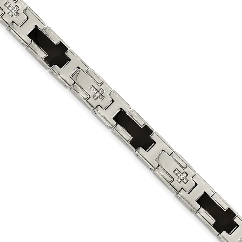 Men's Polished Stainless Steel Black IP-Plated with CZ Cross Bracelet, 8.5"