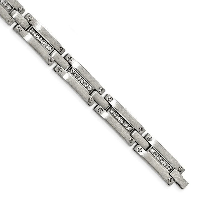 Men's Polished Stainless Steel Brushed CZ Link Bracelet, 8.5"